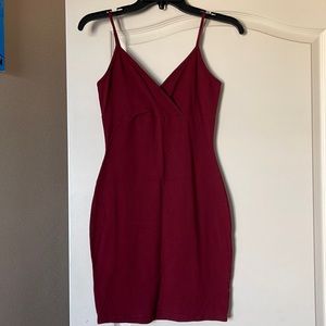burgundy slip on dress, V neck